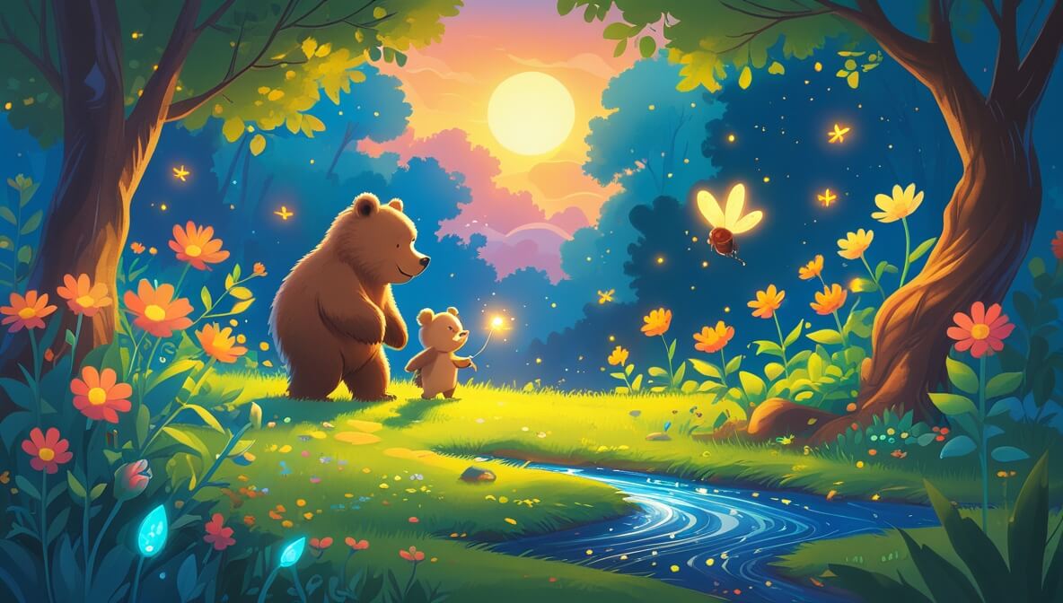 Fluffy brown bear with a glowing firefly in a vibrant garden, flowers swaying, golden sunset lighting the scene.