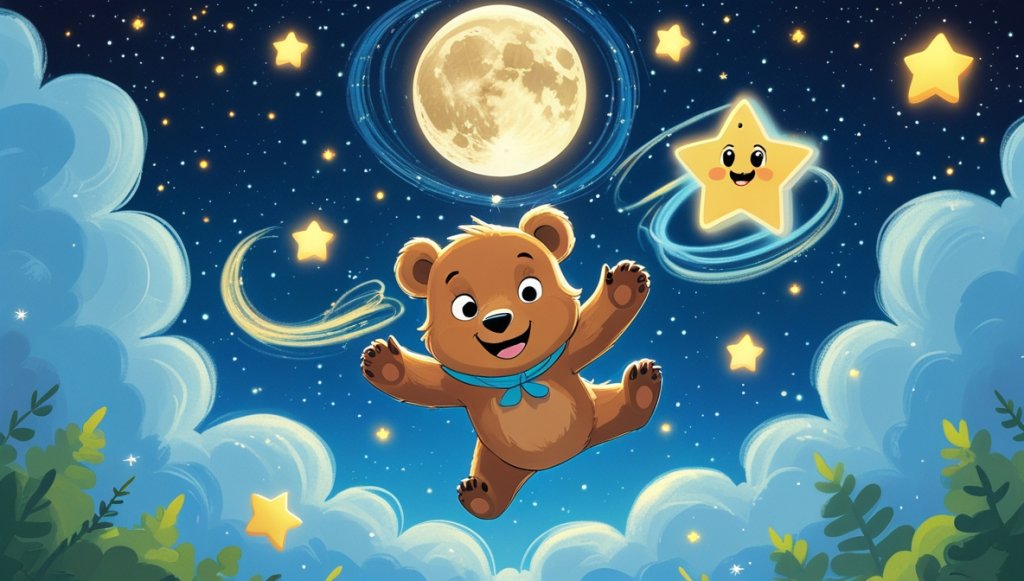 Curious bear cub Benny flies joyfully with star Stella and a gentle breeze under a glowing moon and shimmering stars.