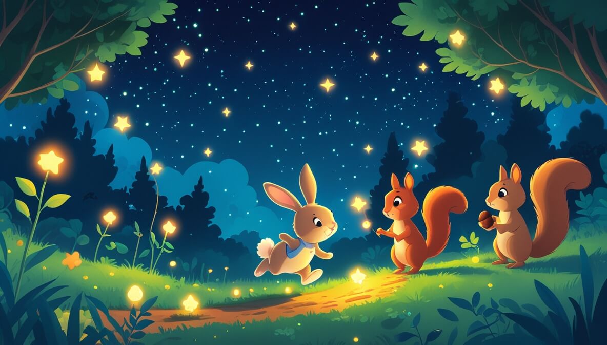 Curious bunny Bingley hops on a star path with firefly Twila and squirrel Dusty beneath a starry twilight sky.