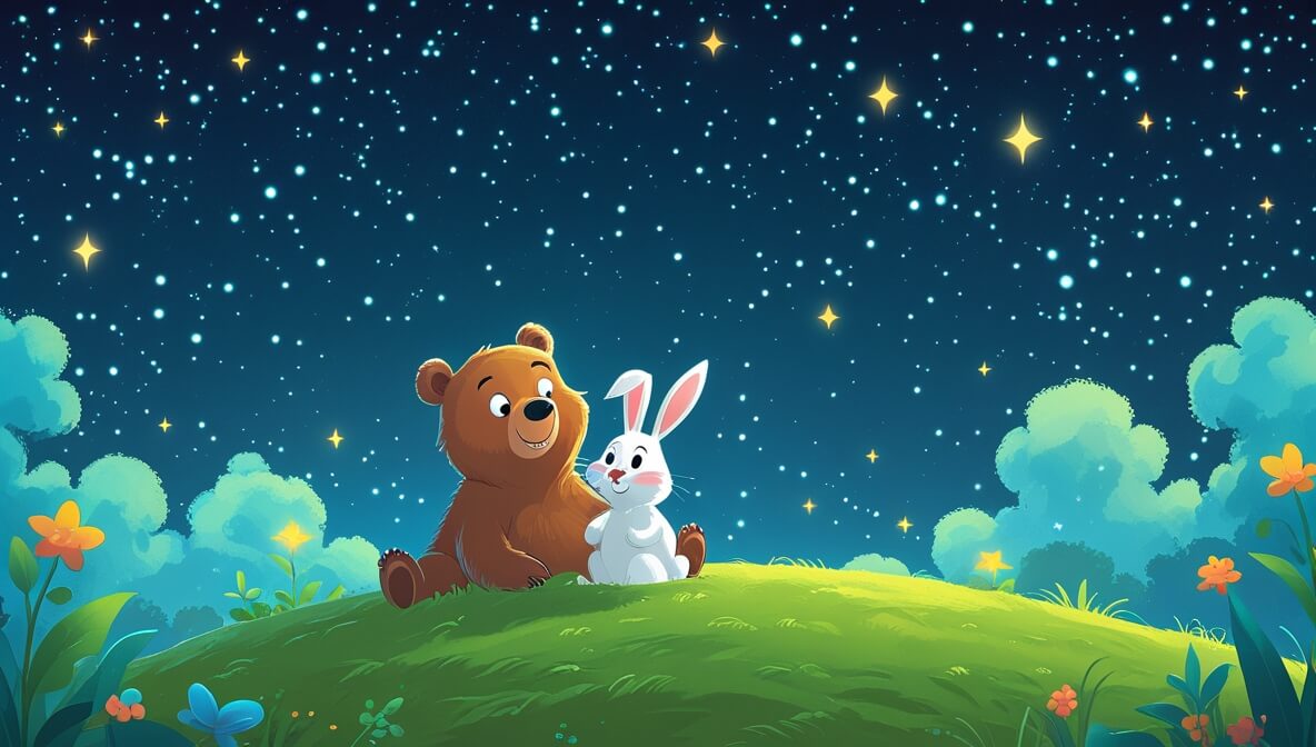 Curious bear and cheerful rabbit gazing at twinkling stars on a lush green hill under a vast night sky.