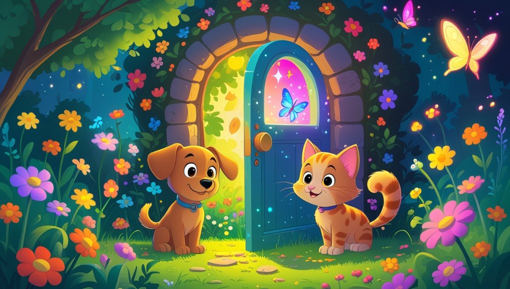 Curious puppy and kitten peer through a glowing door to a magical land with vibrant flowers and a talking butterfly.