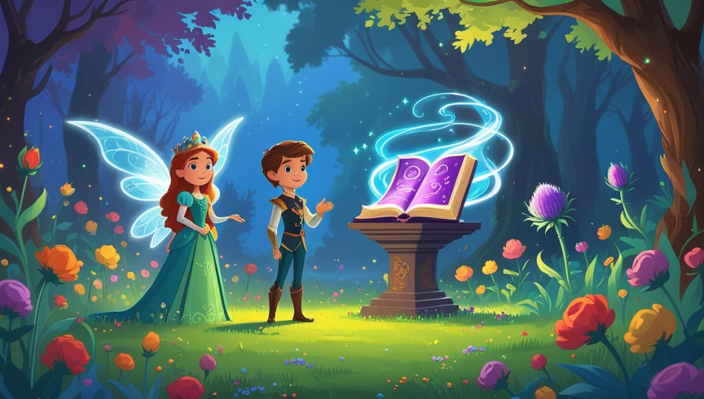 Princess Callista and Prince Orin in flower-filled glade with Lady Thistle, glowing spellbook, and swirling mist.