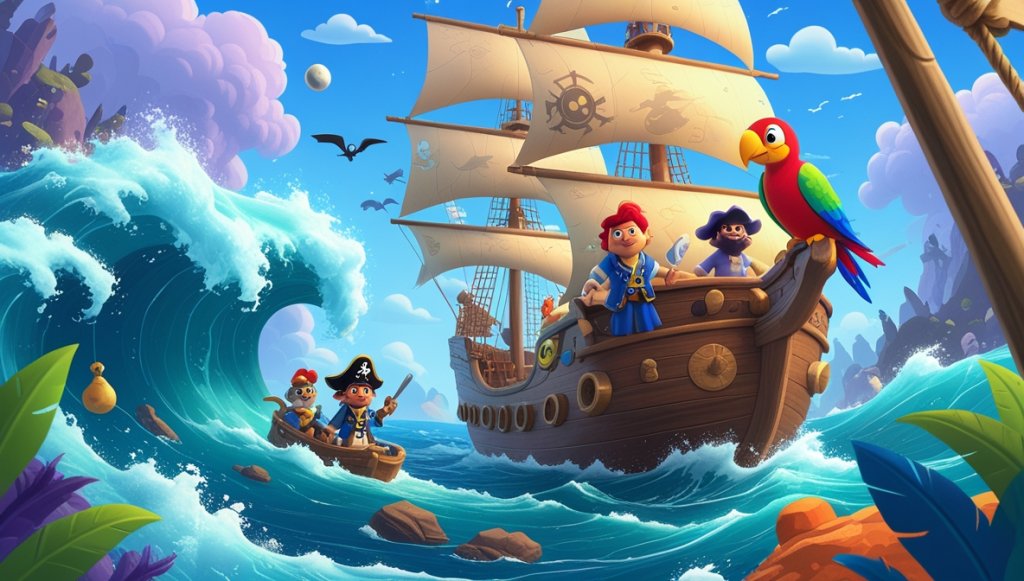 Pirate ship with sails on crashing waves, Captain Coral steering, Sandy with map, Patch with parrot Squawk.