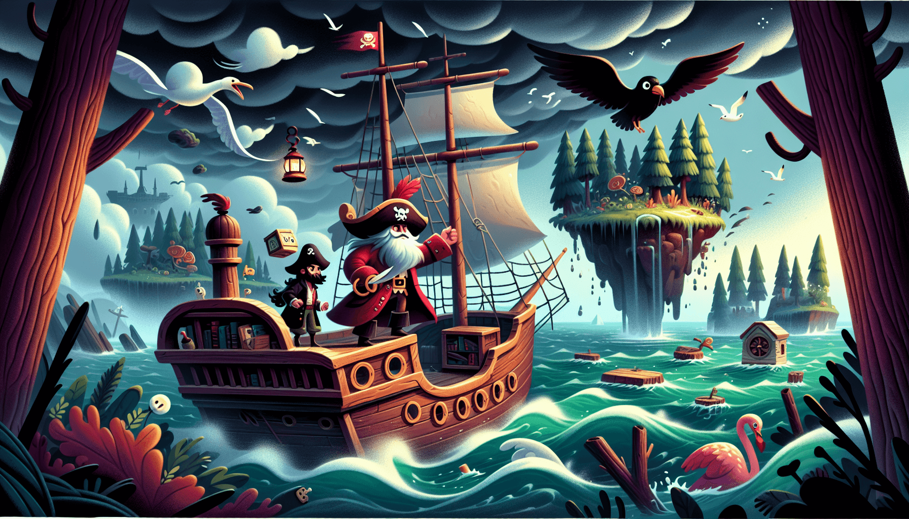 Pirate captain in red coat on ship deck, stormy sea, crew, seagull, misty island ahead