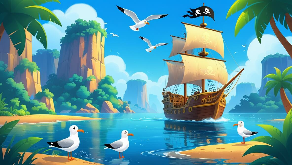 Pirate ship sailing toward jungle island; crew includes captain, mate, navigator, and seagull under blue skies.