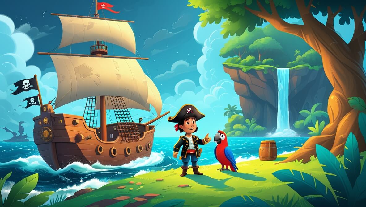 Pirate ship in stormy sea, Captain Marlowe and parrot spotting a lush island with a hidden lagoon behind a waterfall