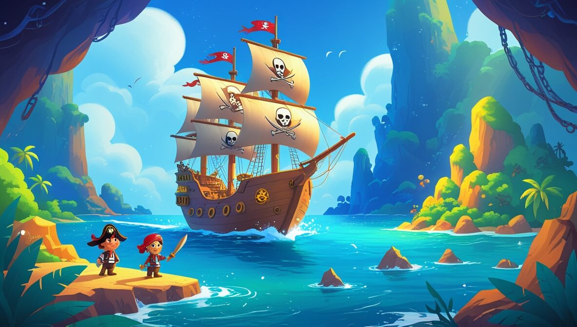 Pirate ship on blue sea, Captain Marlowe leading crew to lush island with towering rocks and hidden treasure cave.
