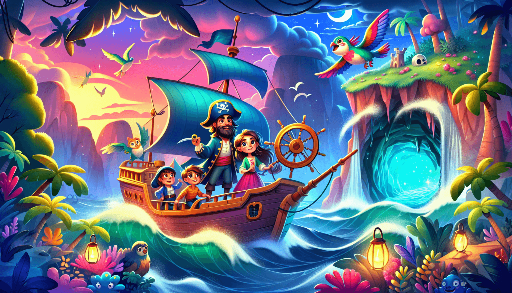 Pirate ship battling stormy seas, Captain Quillon steering, crew on deck, island with glowing cave under sunset.