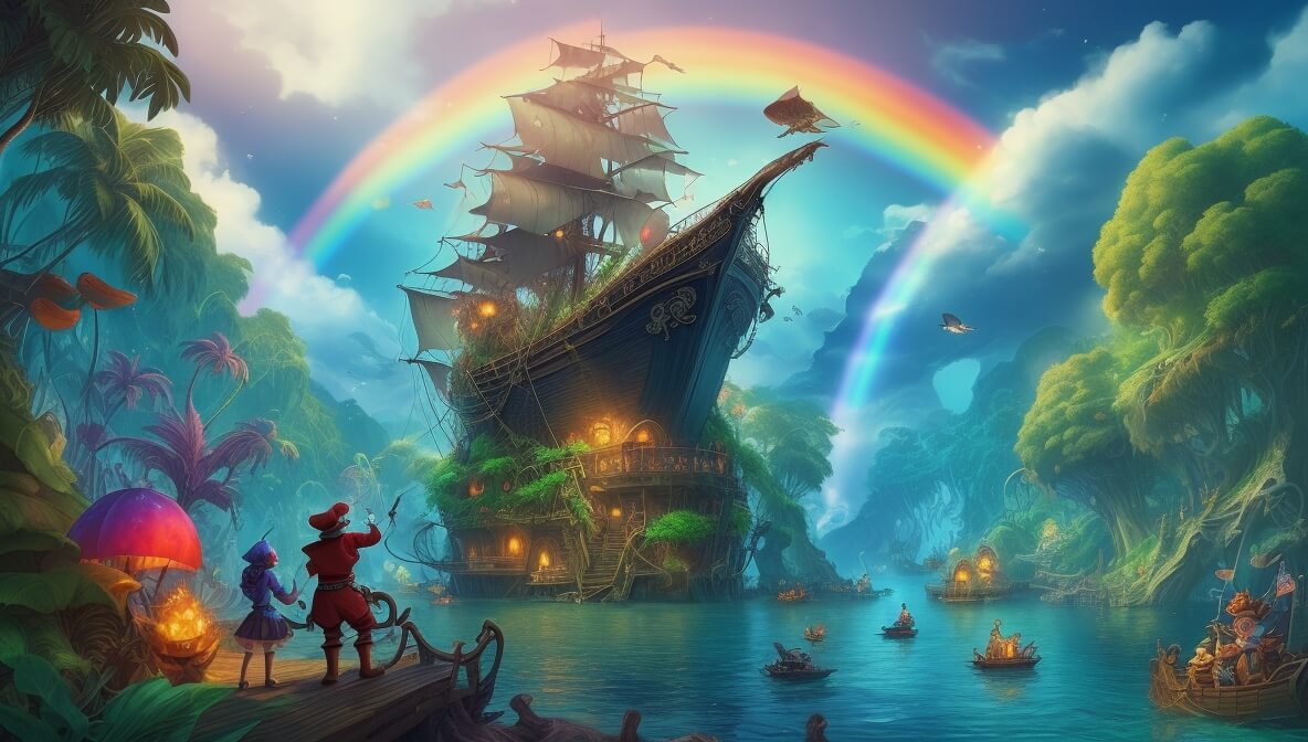Pirate ship at sea, crew on deck, sunny skies, lush jungle, rainbow over hidden lagoon nearby.
