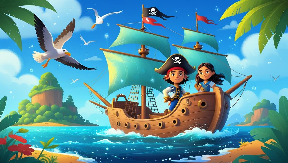 Pirate ship braving stormy seas; diverse crew led by Captain Thorne discovers treasure-filled cave on a mysterious island.