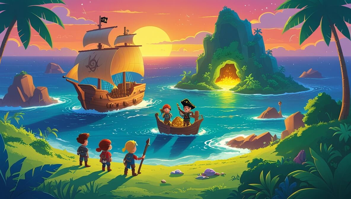 Ship sailing toward a mysterious island under a vibrant sunset, with a glowing cave hinting at hidden treasure.