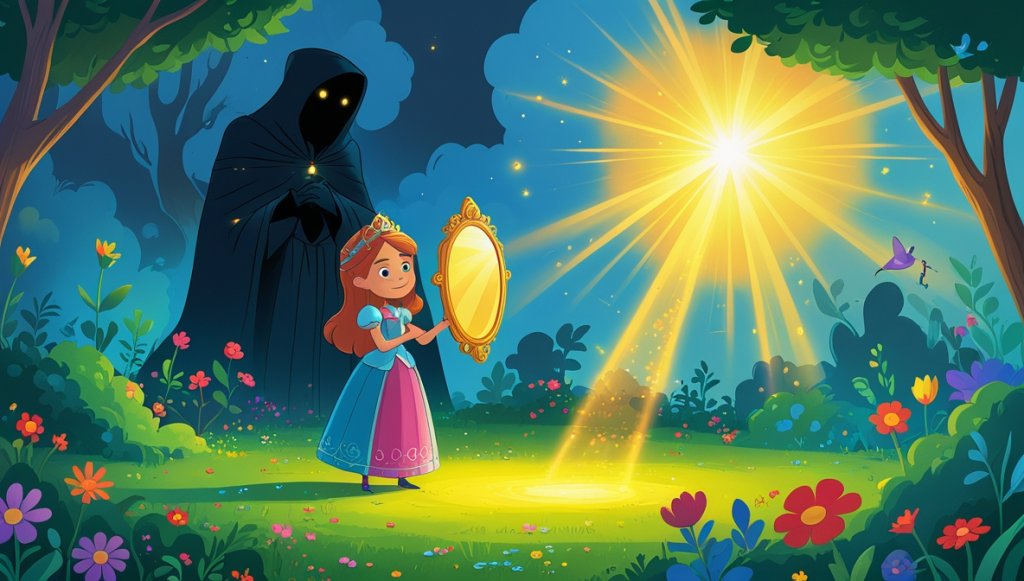Princess in a vibrant garden with a glowing mirror, shadowy figure nearby, mist swirling around them.