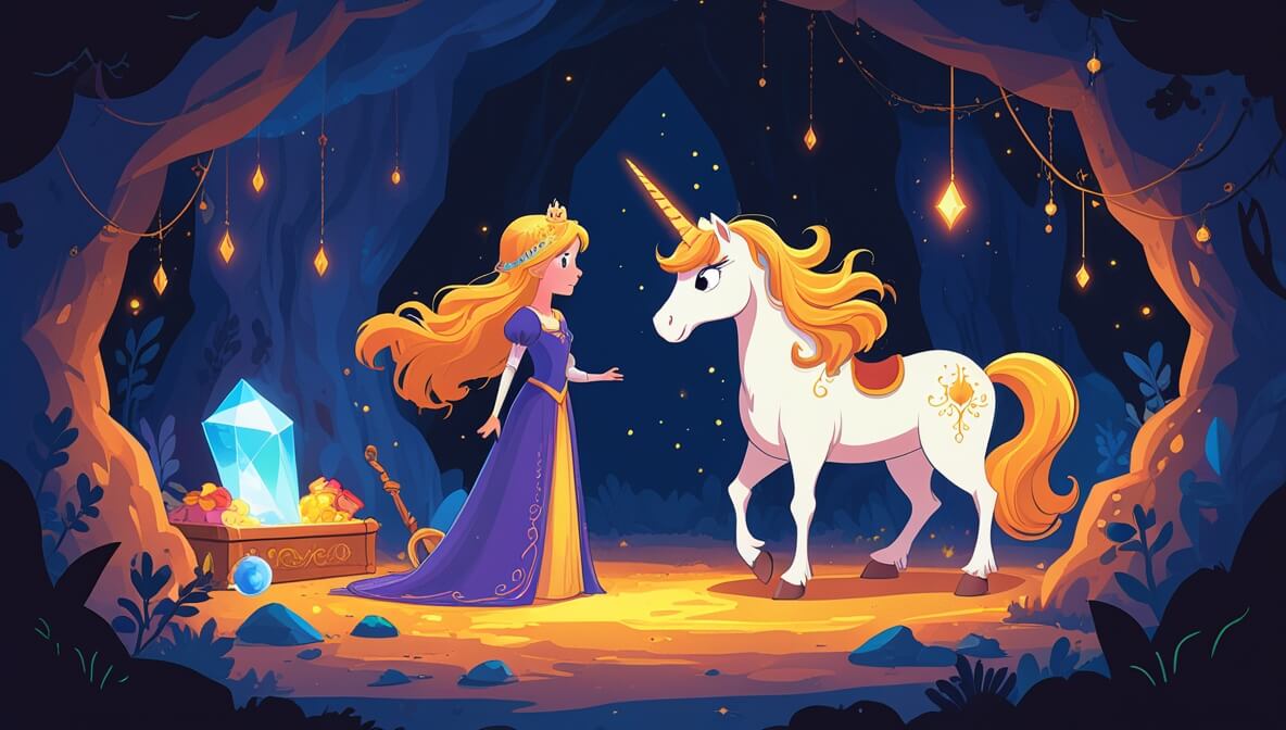 Brave princess and unicorn face witch in treasure-filled cavern, illuminated by a radiant gem's warm glow.