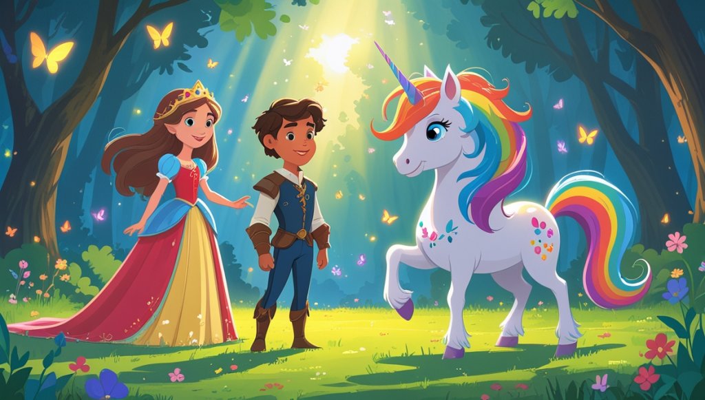 Princess Seraphina with Alaric and Celestia in a sunlit forest, surrounded by flowers and butterflies.