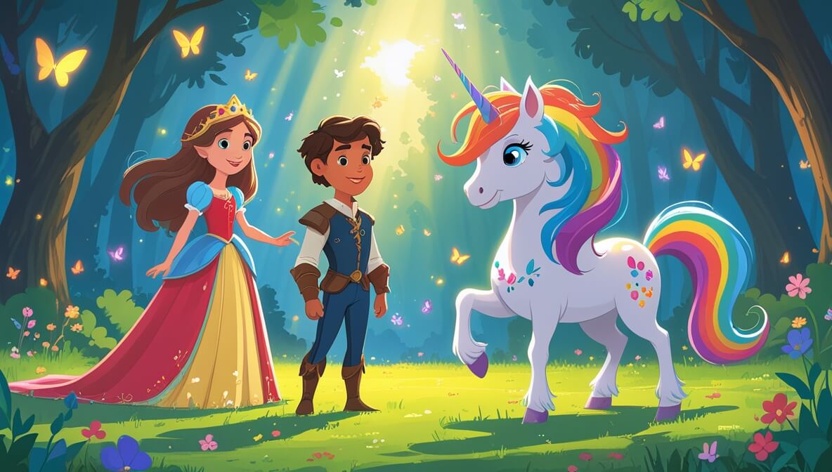 Princess Seraphina with Alaric and Celestia in a sunlit forest, surrounded by flowers and butterflies.
