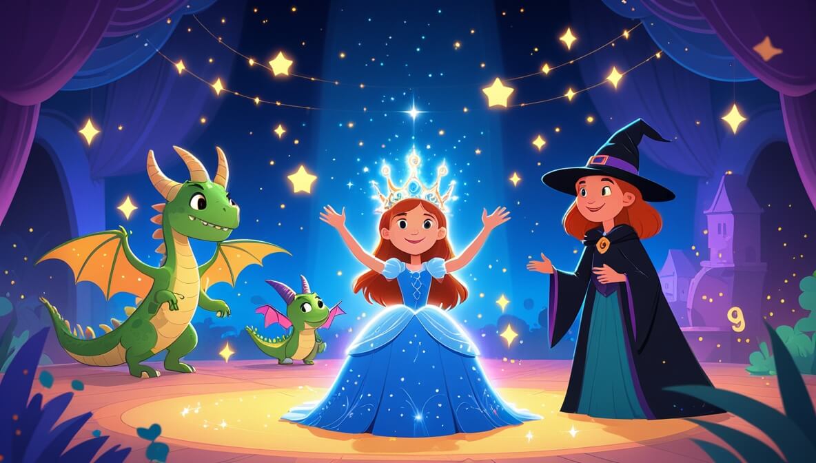 Princess Mirabelle dances with Bramble the dragon in a starry ballroom, Griselda the witch smiles nearby.