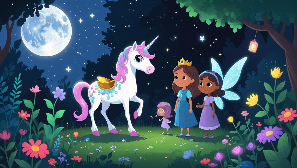 Unicorn beside a crown in a magical garden, with Princess Dalia, Sir Bramble, and Lady Ivy under moonlight.