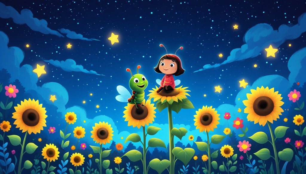Caterpillar Flick and ladybug Tessa on a sunflower under a starlit dusk sky in a colorful garden.