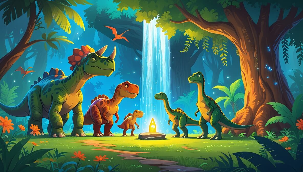Curious dinosaurs in a vibrant jungle, gazing at a glowing stone beneath an ancient tree.