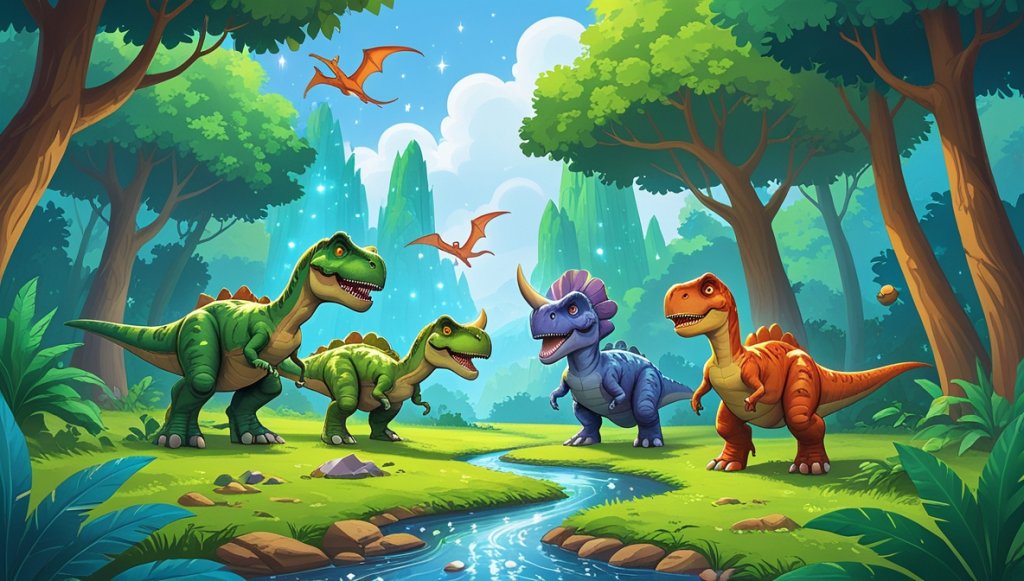 Dinosaurs roam a lush jungle with towering trees, a sparkling crystal valley, and a gentle stream flowing through.