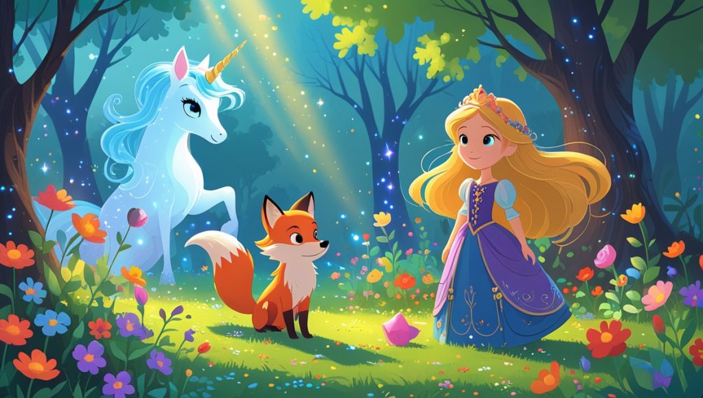 Golden-haired princess and clever fox in magical garden, with glowing unicorn and shimmering enchanted trees.