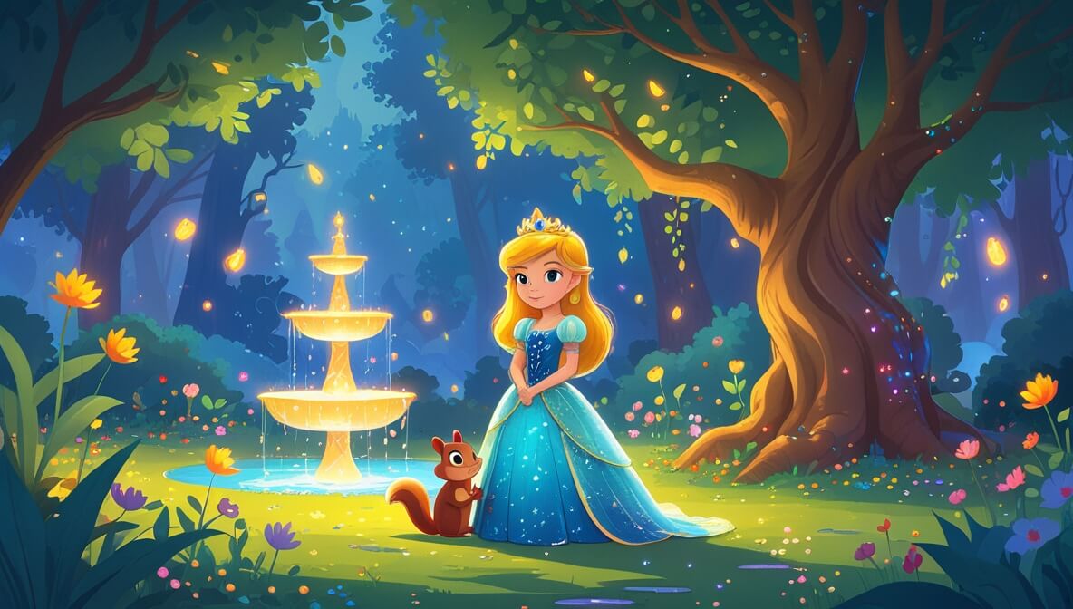 Golden-haired princess with a playful squirrel in an enchanted garden, surrounded by vibrant flowers and a sleeping dragon.