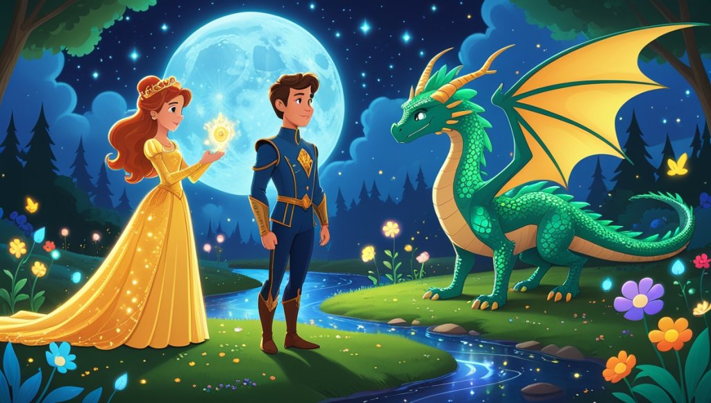 Princess in gown and knight with amulet face serene dragon in magical garden with singing flowers under moonlight.