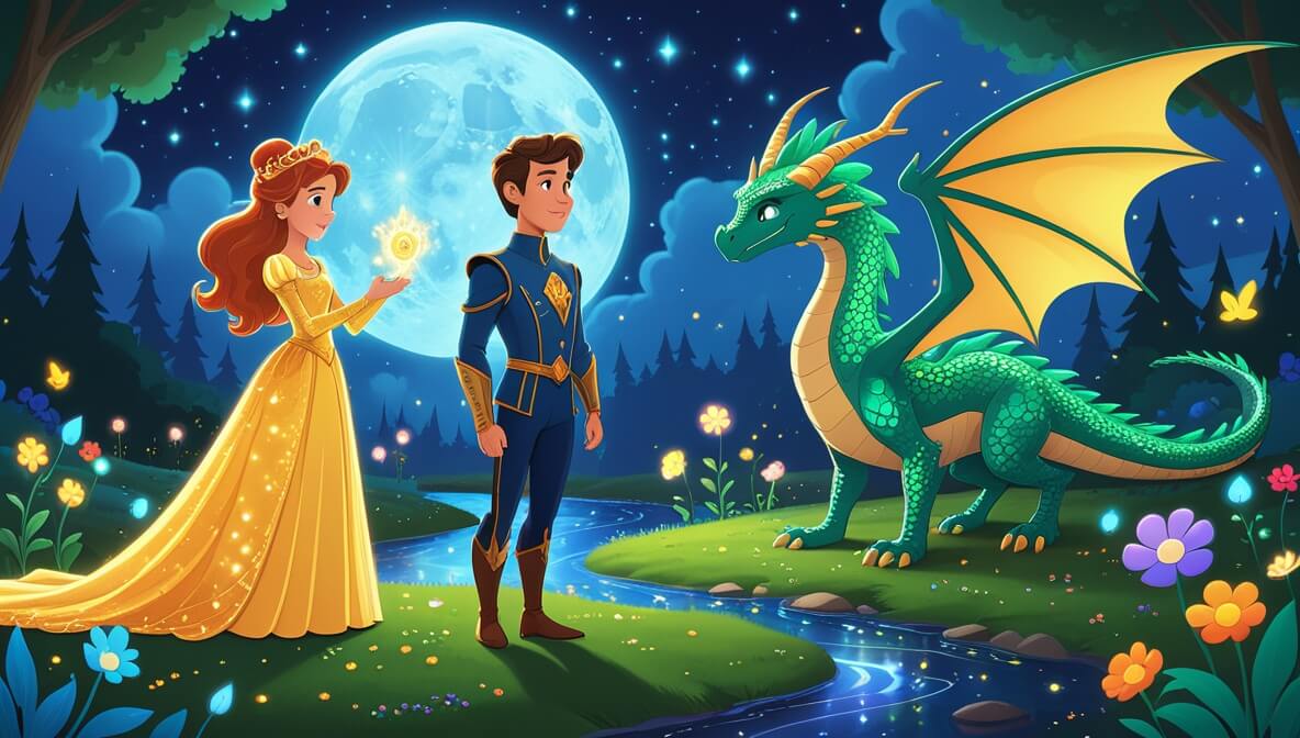 Princess in gown and knight with amulet face serene dragon in magical garden with singing flowers under moonlight.