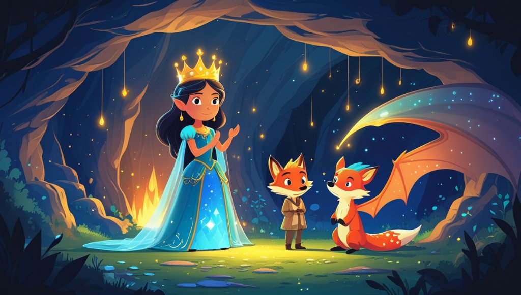 Princess Elara in a glowing cave, wearing a crown, with Finn the Fox and a sparkling dragon, Drake.