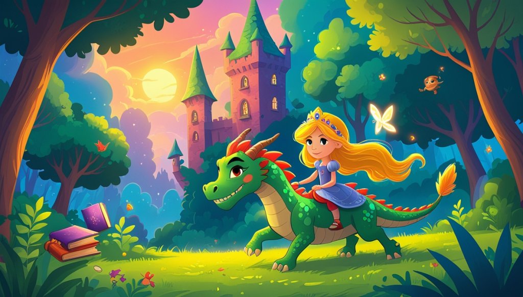 Golden-haired princess on emerald-eyed dragon in vibrant forest with secret tower and glowing spellbook.