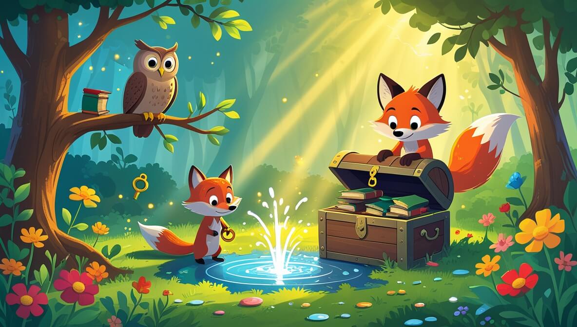 Wise owl on branch, curious fox with golden key near a treasure chest of books by a fountain, colorful flowers.