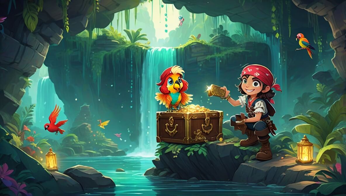 Young pirate with a treasure chest, colorful parrot, and smiling mermaid in a lush, shimmering cave.