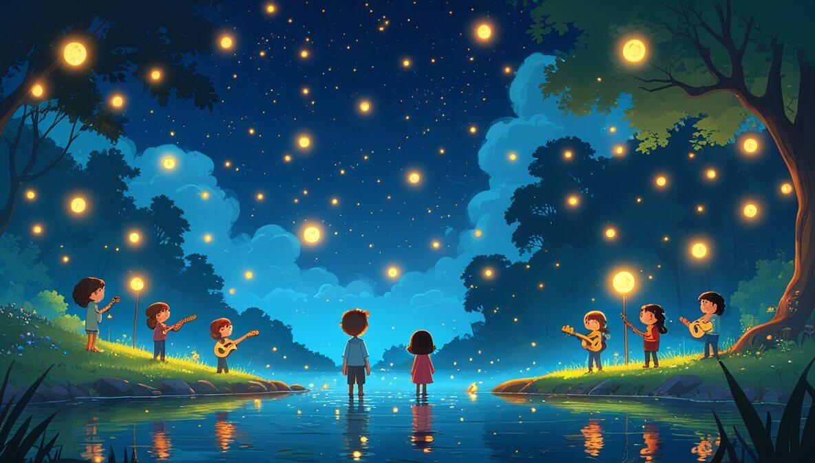 Children by a moonlit river, surrounded by glowing fireflies and playing instruments under a starry sky.