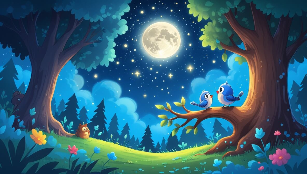 Bluebird on a tree branch under a starry night sky, with a glowing moon illuminating the peaceful forest.