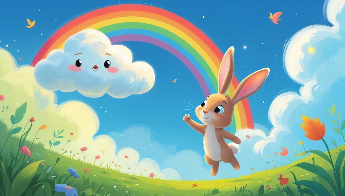 Curious bunny Floppy floats with fluffy cloud Puffy near a vibrant rainbow over a lush, green meadow.