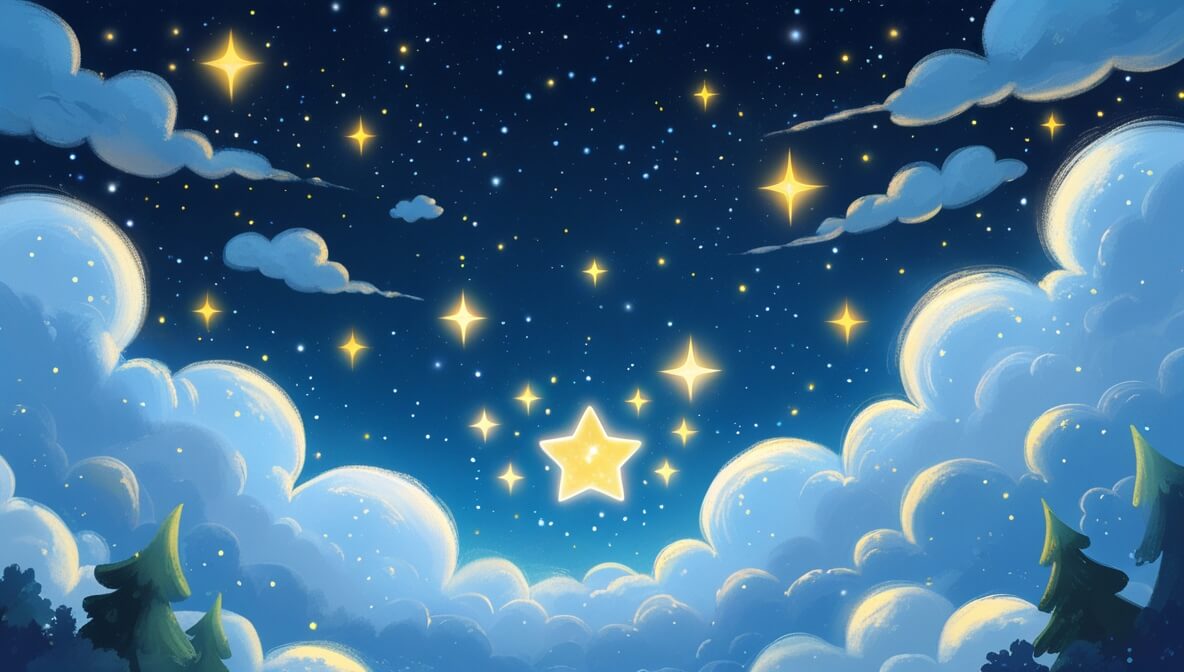 Fluffy cloud under a starry night sky with a bright star named Sparkle, surrounded by glowing stars.