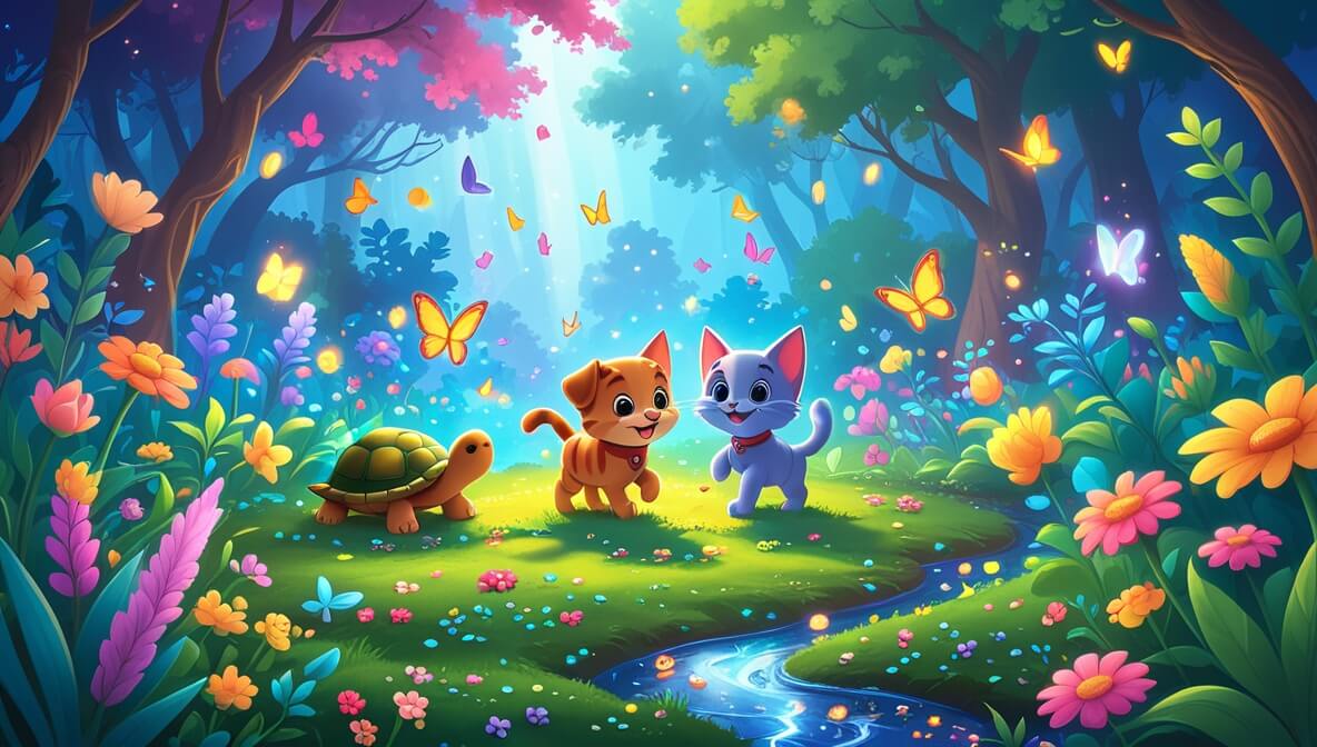 Playful puppy and curious kitten in a vibrant magical garden with colorful flowers and friendly creatures.