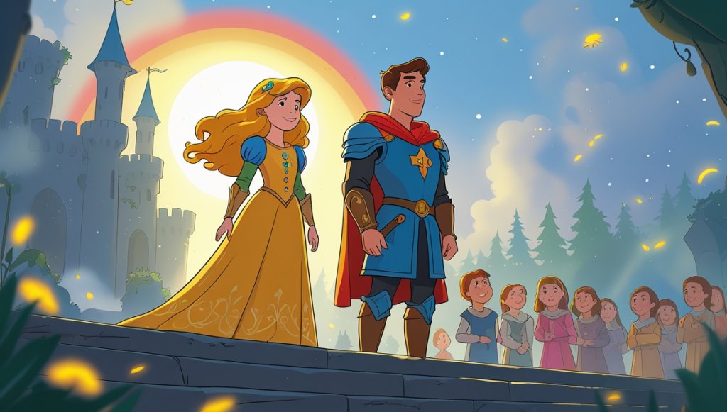 Princess Marigold and Sir Finley stand before a rainbow, castle steps, and cheering Luminara crowd.