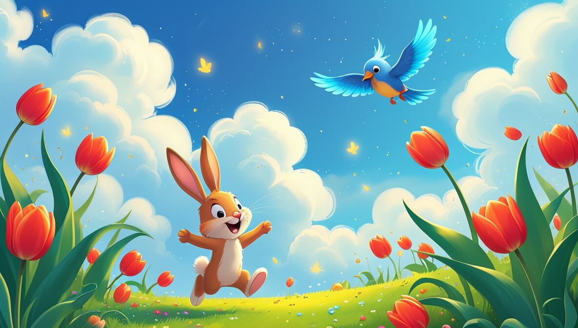 Playful bunny hopping near red tulips under fluffy clouds, while a blue bird soars joyfully above.