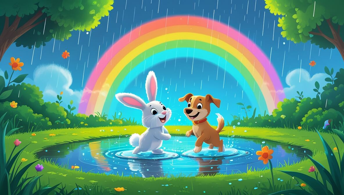Fluffy bunny and playful puppy splash in a puddle, vibrant rainbow overhead in a lush, green garden.