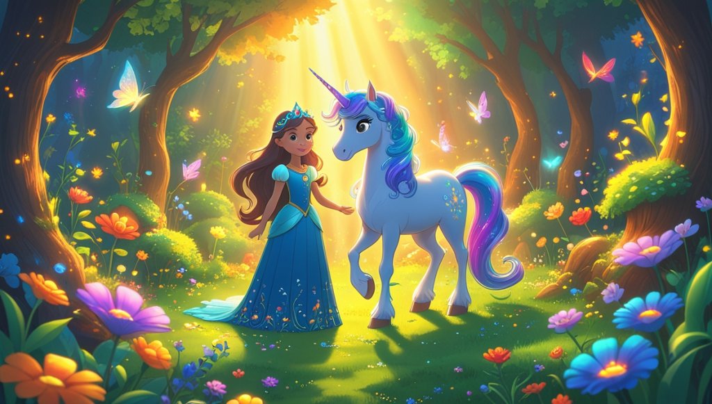 Princess Celestia and unicorn Moonbeam in a sunlit enchanted garden with rainbow flowers and magical aura.
