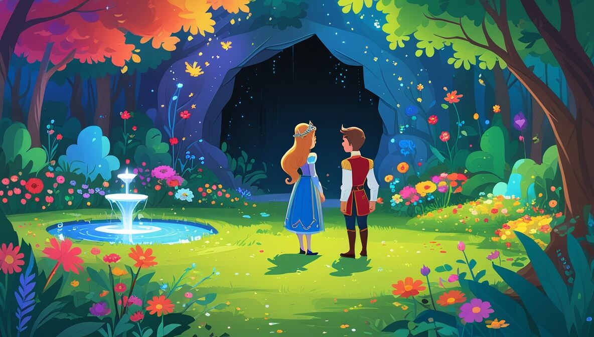 Princess Seren and Prince Thorne in a colorful royal garden, facing a shadowy cave entrance.