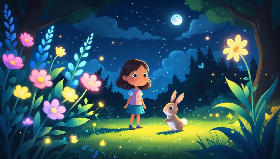 Curious girl in a glowing garden with colorful flowers, playful bunny under moonlight reflecting serene glow.