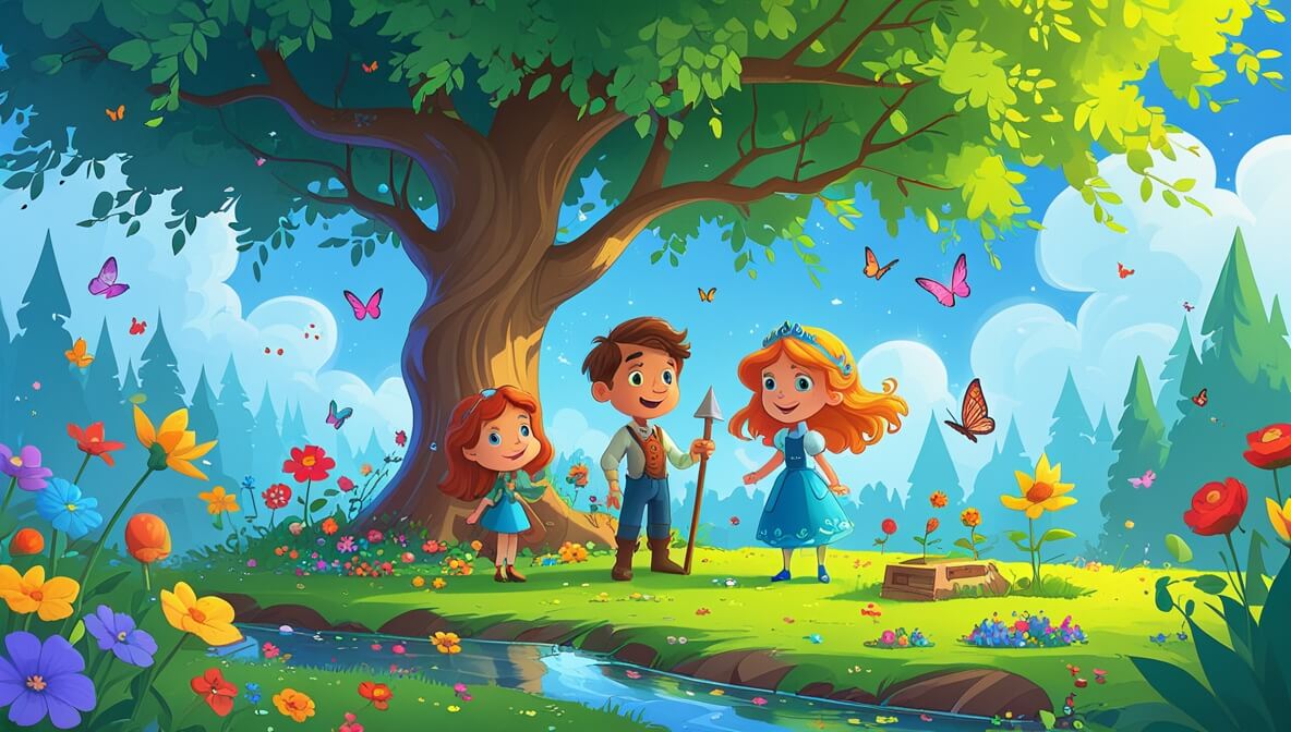 Princess, gardener, and fairy in a colorful flower garden with butterflies near a majestic willow tree and brook.
