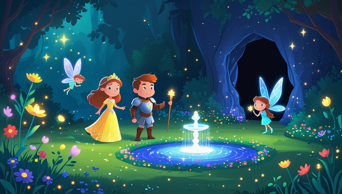 Princess Aria, Sir Finley, and a fairy in a magical garden with glowing fountain and shadowy cave nearby.