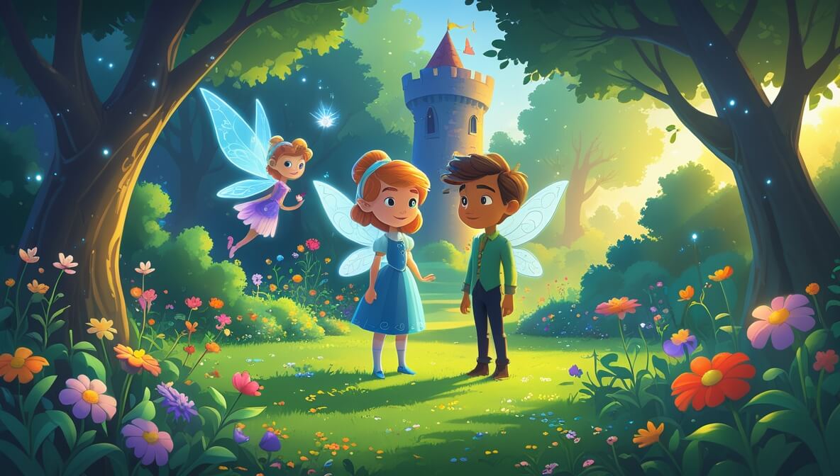 Princess Mirabelle and Gardener Finn in a colorful garden with a fairy, tower, and gentle spirit under sunlight.