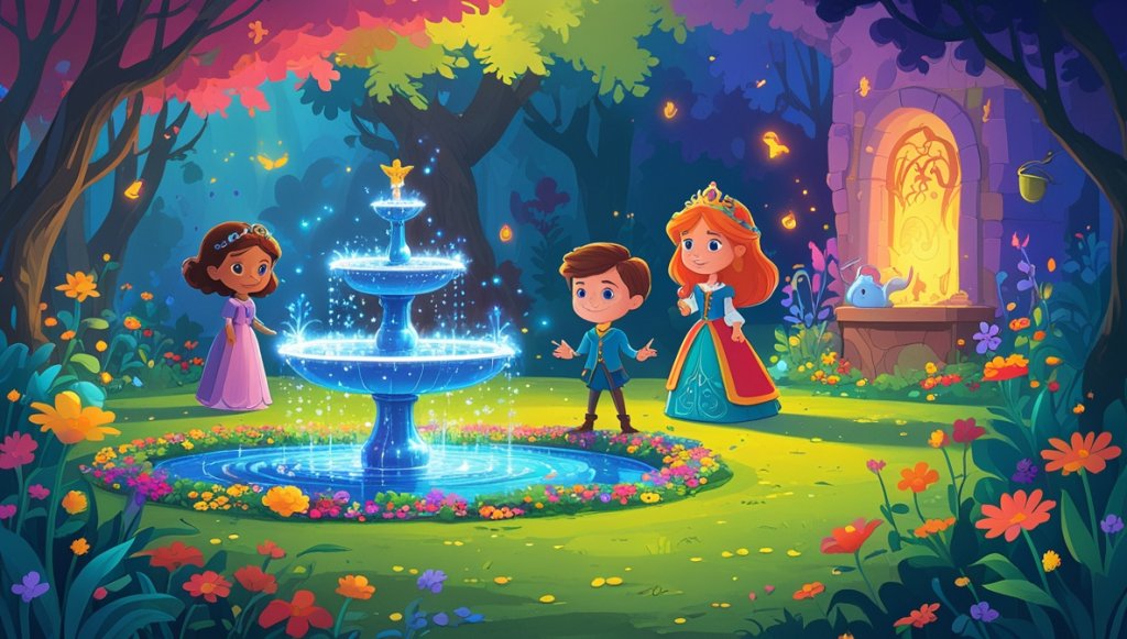 Princess Illia and Gareth in a colorful enchanted garden with a sparkling fountain and retreating witch.