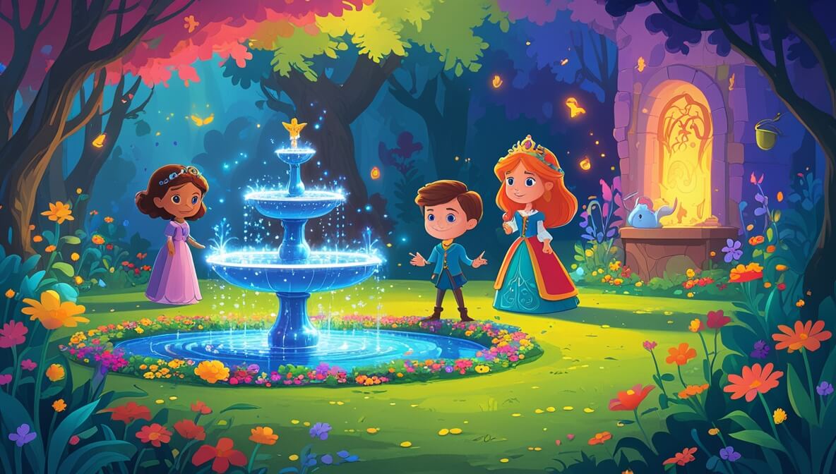 Princess Illia and Gareth in a colorful enchanted garden with a sparkling fountain and retreating witch.