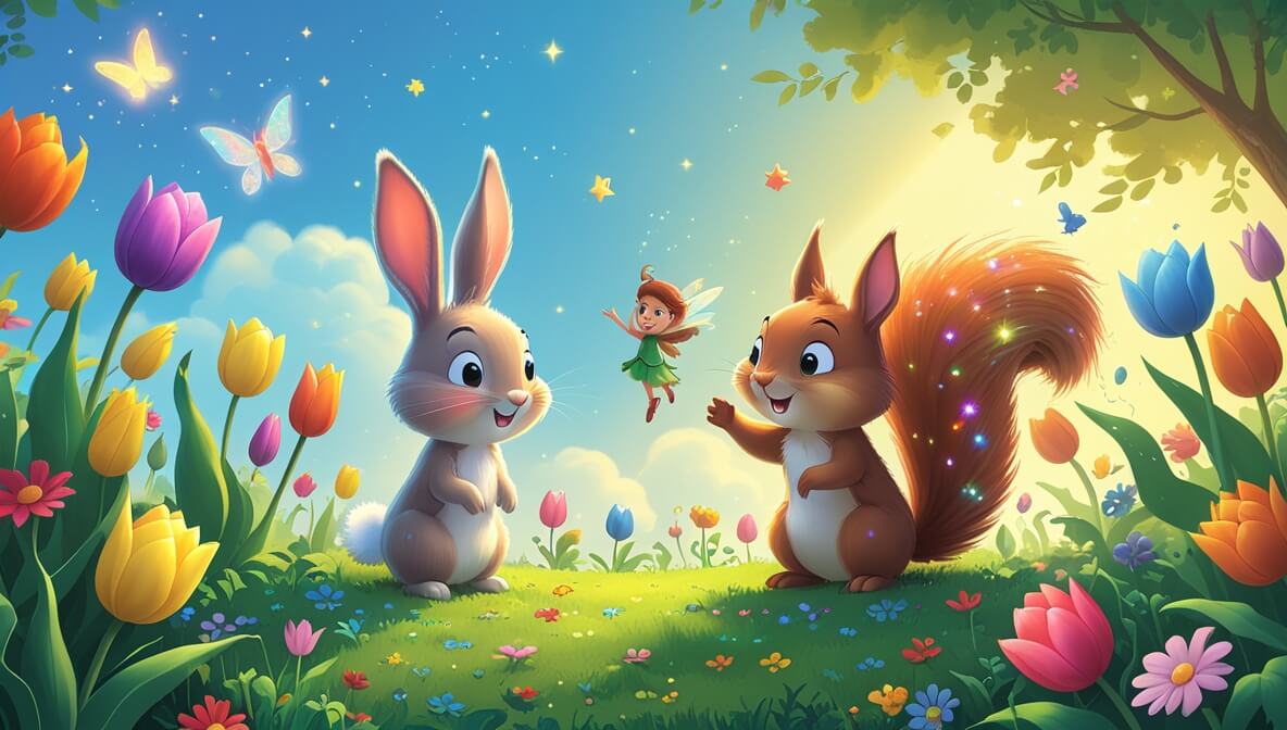 Curious rabbit and cheerful squirrel in a magical garden with vibrant rainbow flowers under a sunlit sky.