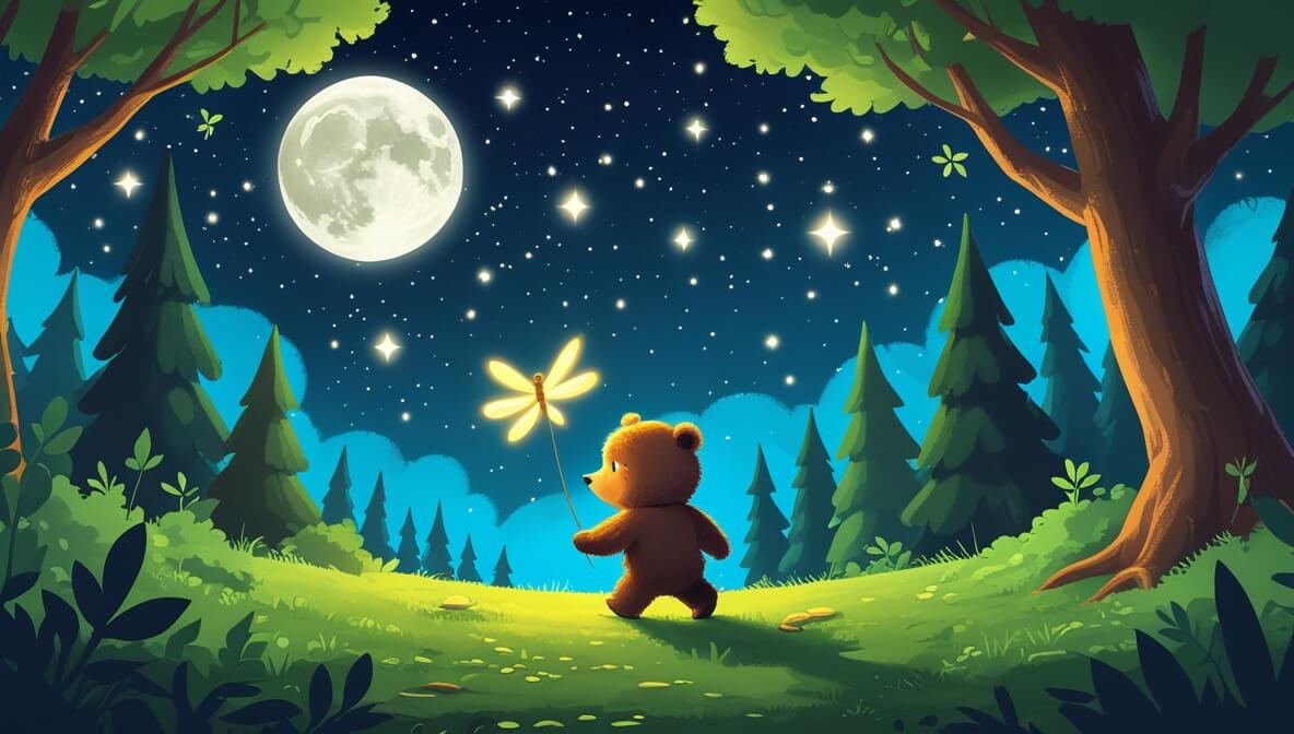 Fluffy brown bear and glowing firefly in a dark forest under a starry sky with a bright moon and green trees.